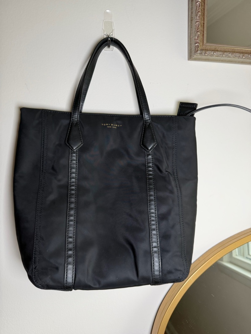 Tory Burch Black Nylon Laptop Tote with Leather Trim